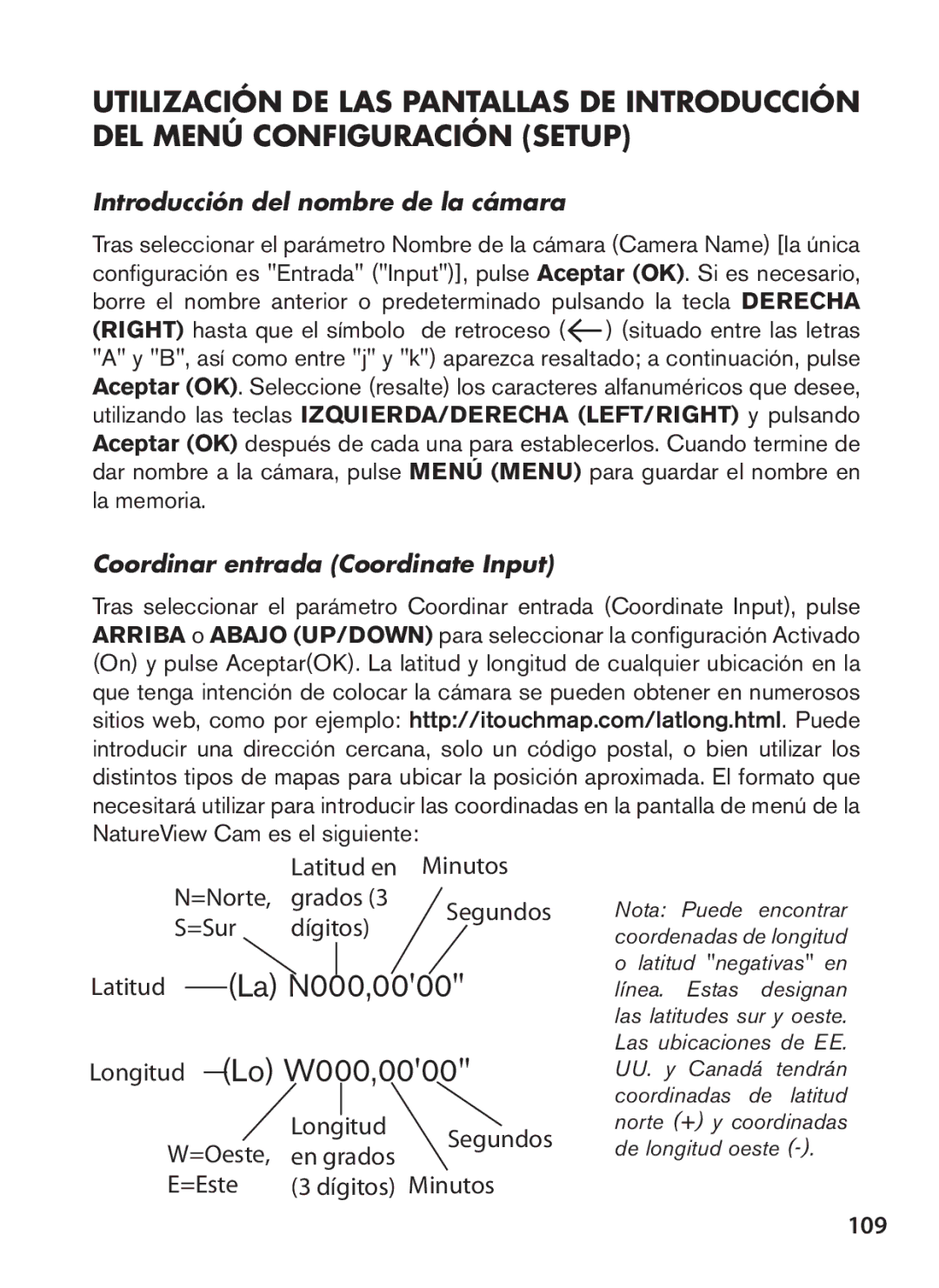 Bushnell 119438 instruction manual 109, Introducción del nombre de la cámara, Coordinar entrada Coordinate Input 