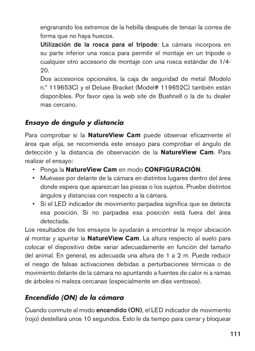 Bushnell 119438 instruction manual 111, Ensayo de ángulo y distancia, Ponga la NatureView Cam en modo Configuración 