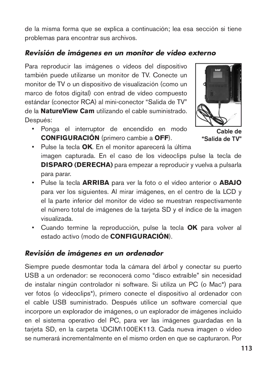 Bushnell 119438 113, Revisión de imágenes en un monitor de vídeo externo, Revisión de imágenes en un ordenador 