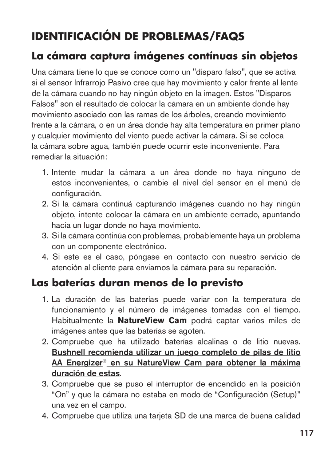 Bushnell 119438 instruction manual Identificación DE PROBLEMAS/FAQS, La cámara captura imágenes contínuas sin objetos, 117 