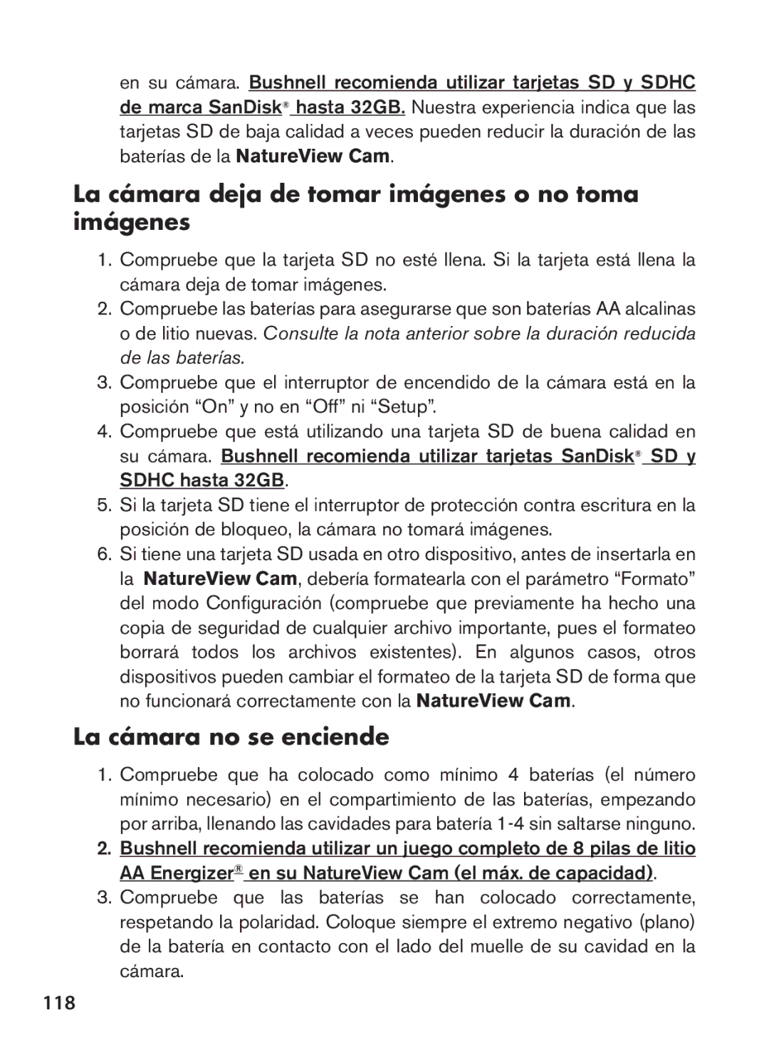 Bushnell 119438 instruction manual La cámara deja de tomar imágenes o no toma imágenes, La cámara no se enciende, 118 