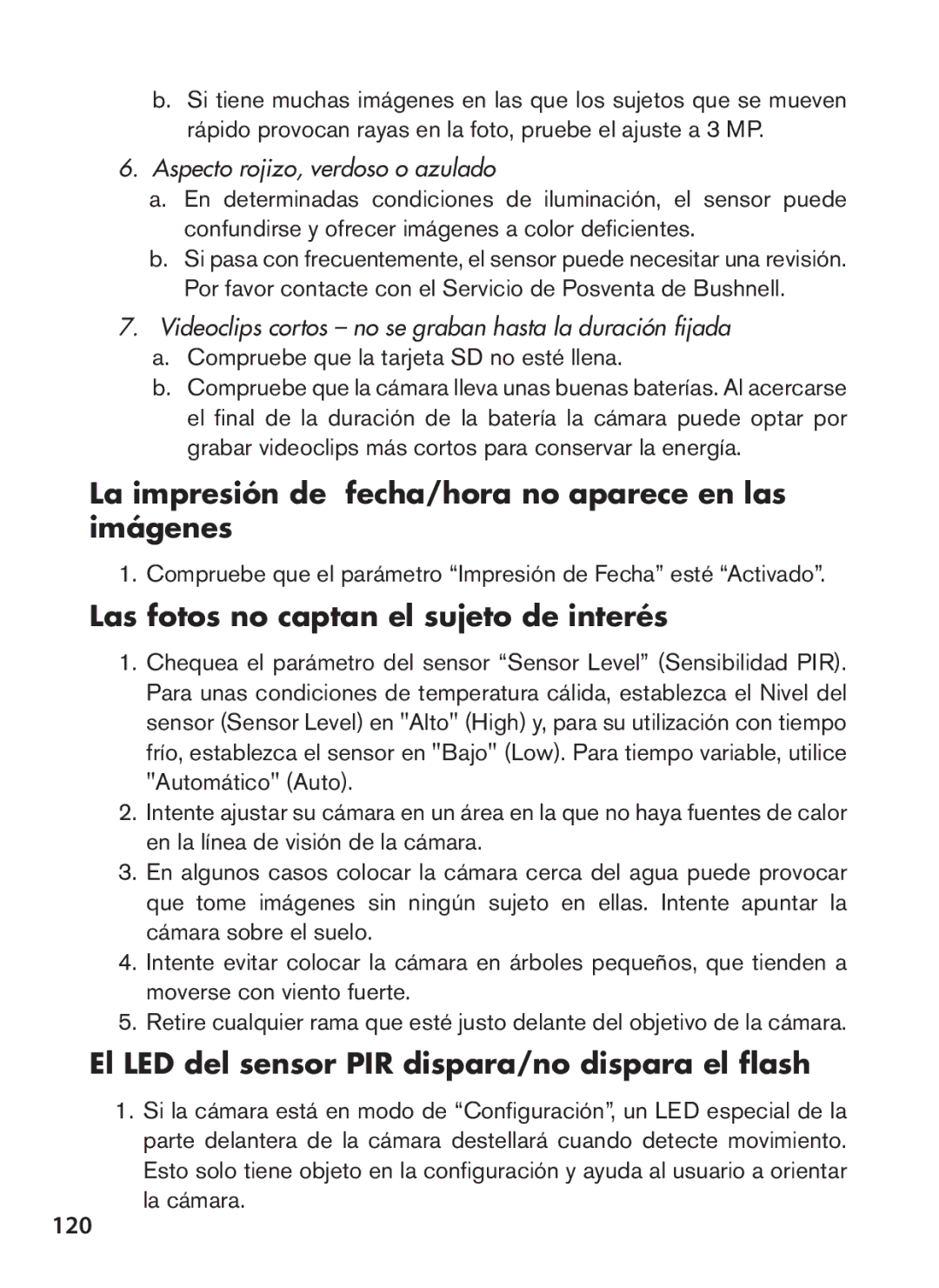 Bushnell 119438 La impresión de fecha/hora no aparece en las imágenes, Las fotos no captan el sujeto de interés, 120 