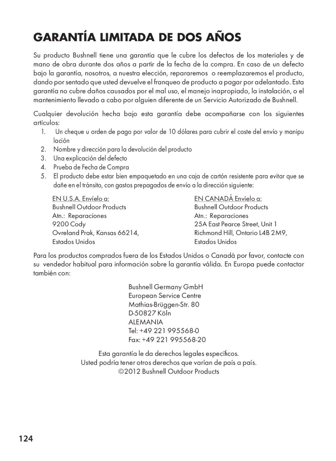 Bushnell 119438 instruction manual Garantía Limitada DE DOS Años, 124 