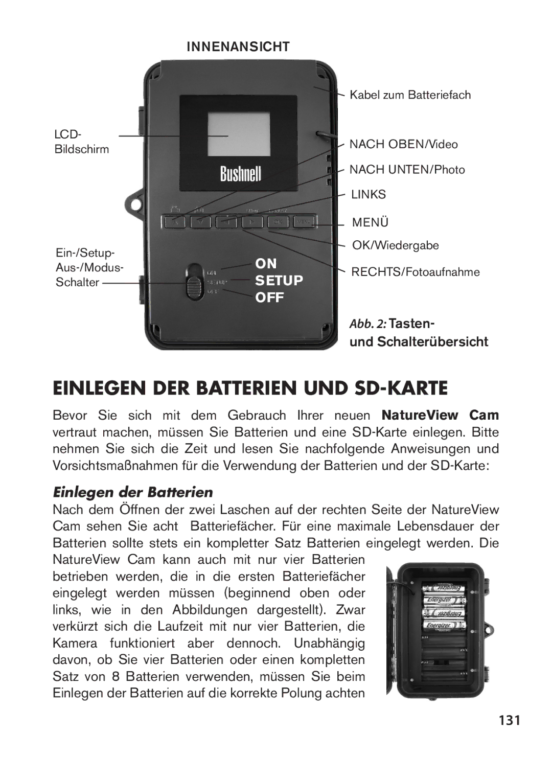 Bushnell 119438 instruction manual Einlegen DER Batterien UND SD-KARTE, 131, Und Schalterübersicht, Einlegen der Batterien 