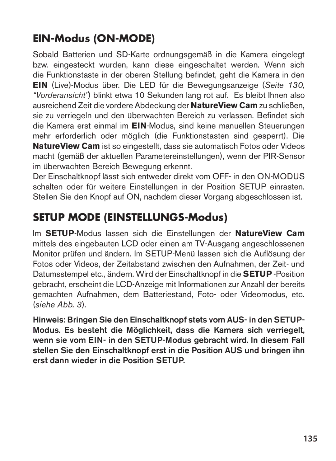 Bushnell 119438 instruction manual EIN-Modus ON-MODE, Setup Mode EINSTELLUNGS-Modus, 135 