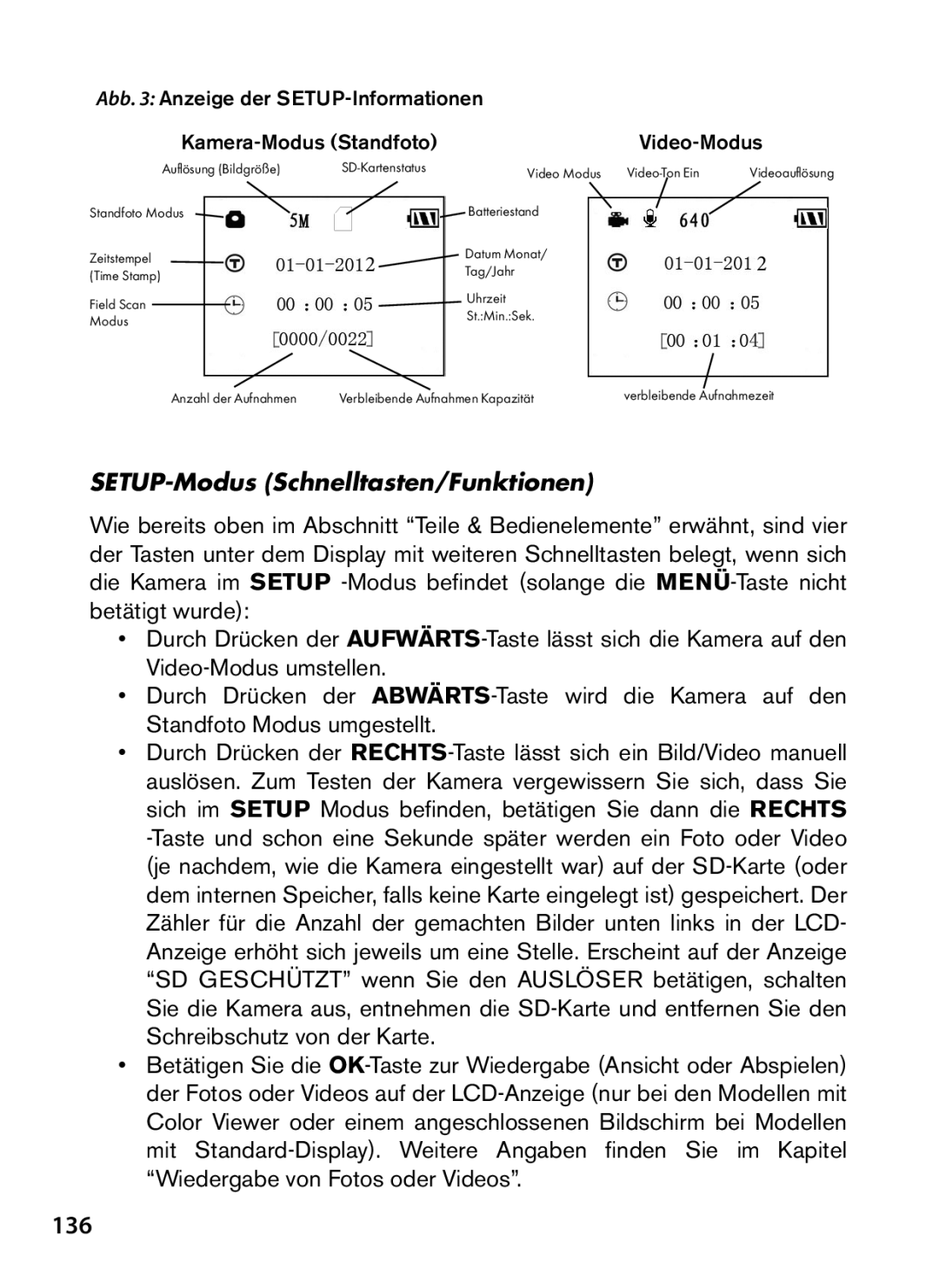 Bushnell 119438 instruction manual 136, SETUP-Modus Schnelltasten/Funktionen 