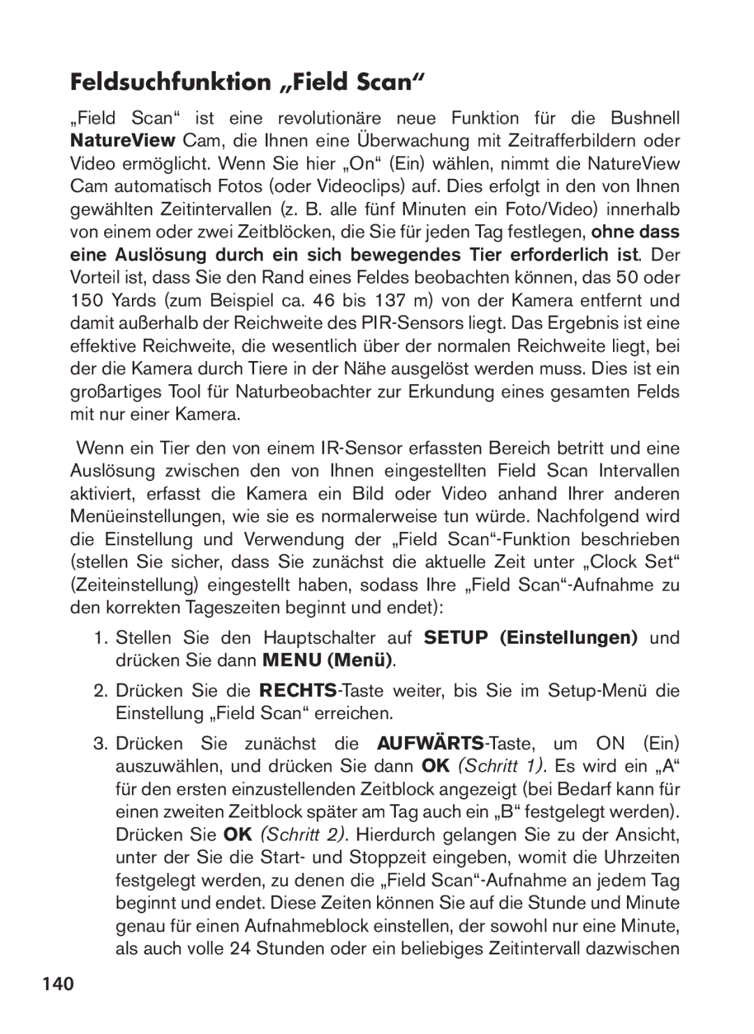 Bushnell 119438 instruction manual Feldsuchfunktion „Field Scan, 140 