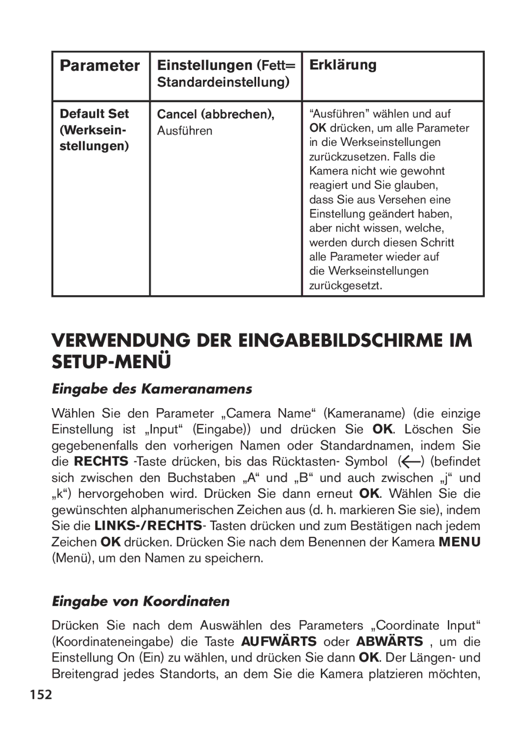 Bushnell 119438 Verwendung DER Eingabebildschirme IM SETUP-MENÜ, Parameter, Einstellungen Fett= Erklärung, 152 