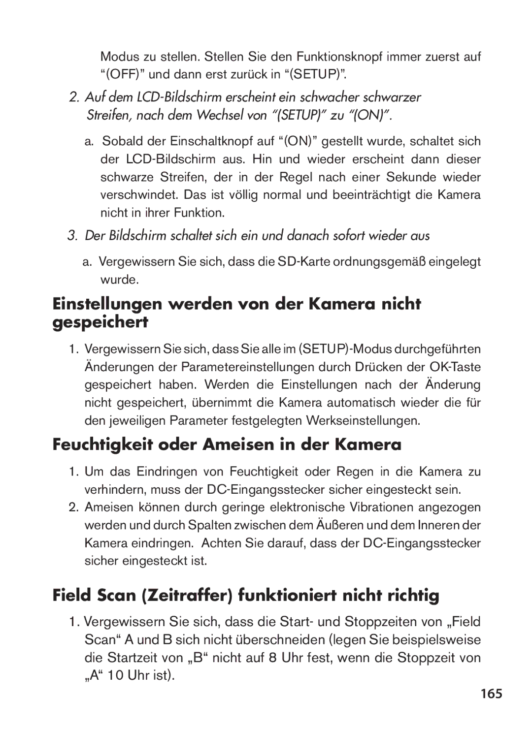 Bushnell 119438 Einstellungen werden von der Kamera nicht gespeichert, Feuchtigkeit oder Ameisen in der Kamera, 165 