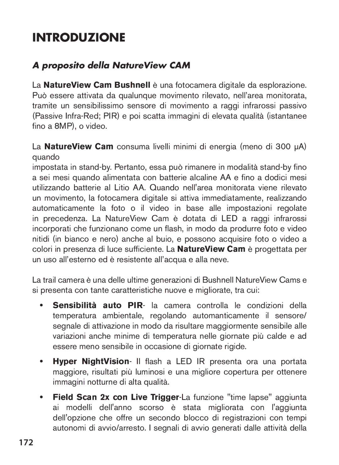 Bushnell 119438 instruction manual Introduzione, 172, Proposito della NatureView CAM 