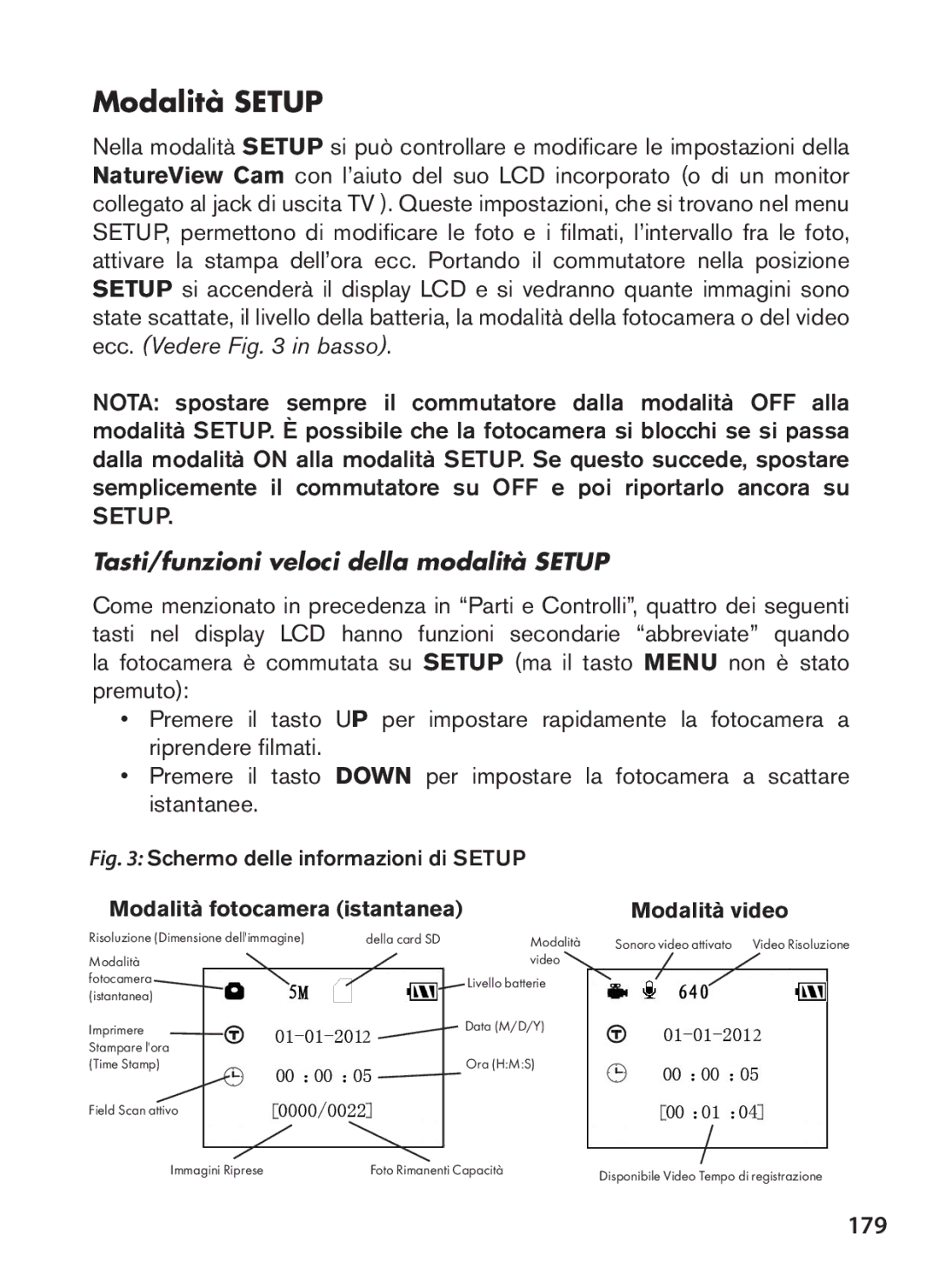 Bushnell 119438 instruction manual Modalità Setup, 179, Tasti/funzioni veloci della modalità Setup 