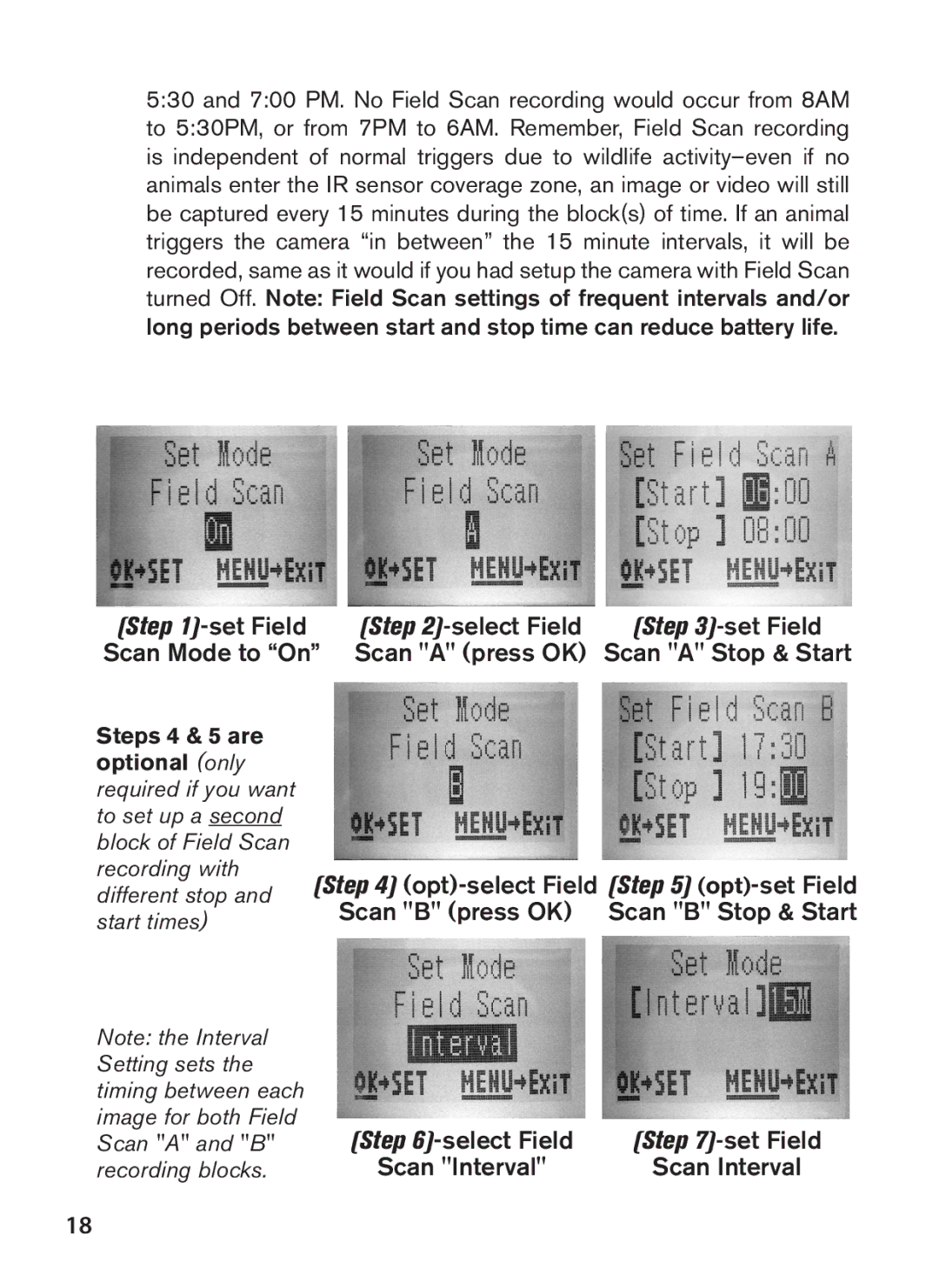 Bushnell 119438 Select Field, Scan a press OK, Steps 4 & 5 are Optional only, Scan a and B Recording blocks 