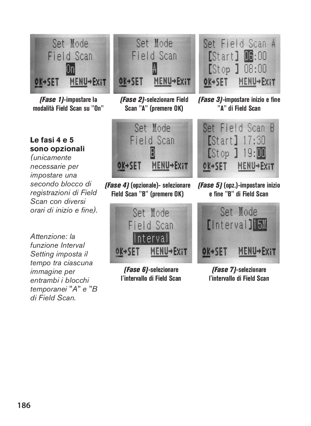 Bushnell 119438 instruction manual 186, Fase 2-selezionare Field Fase 3-impostare inizio e fine 