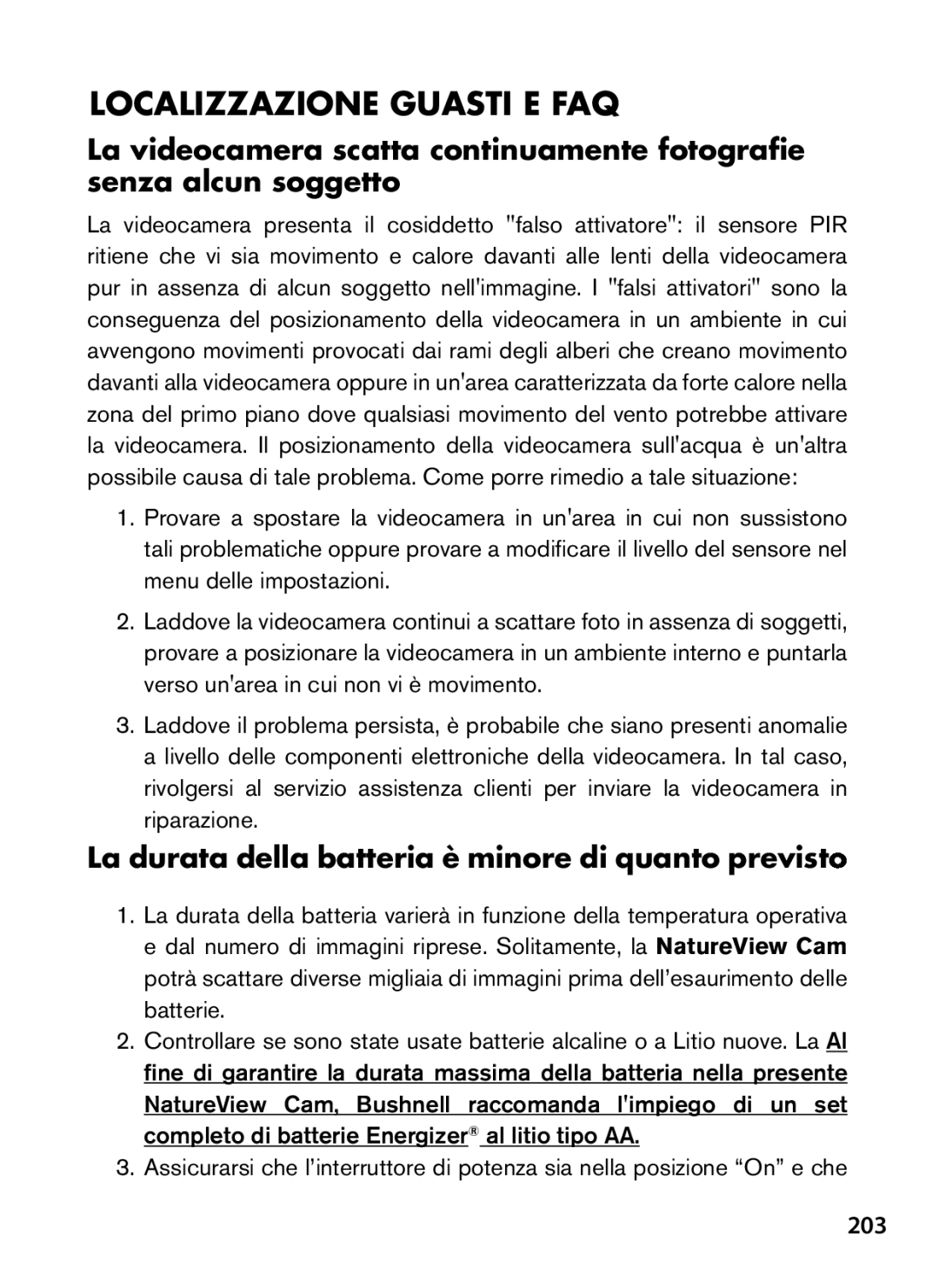 Bushnell 119438 instruction manual Localizzazione Guasti E FAQ, La durata della batteria è minore di quanto previsto, 203 