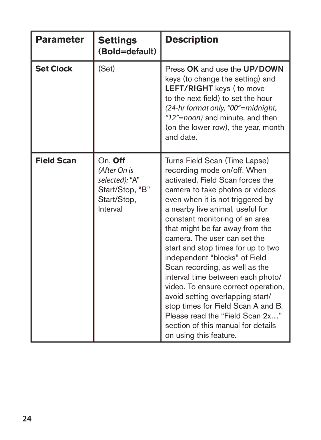 Bushnell 119438 instruction manual Set Clock, Hr format only, 00=midnight, Field Scan, After On is, Selected a 