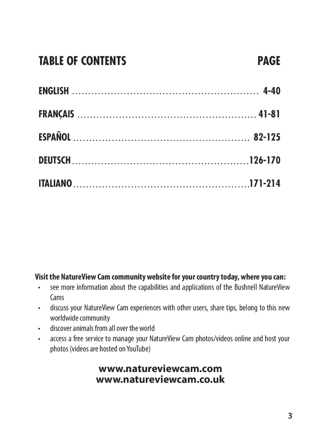 Bushnell 119438 instruction manual Table of Contents 