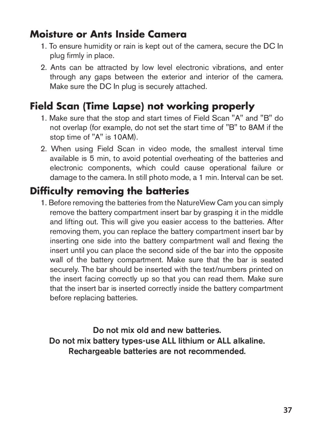 Bushnell 119438 instruction manual Moisture or Ants Inside Camera, Field Scan Time Lapse not working properly 