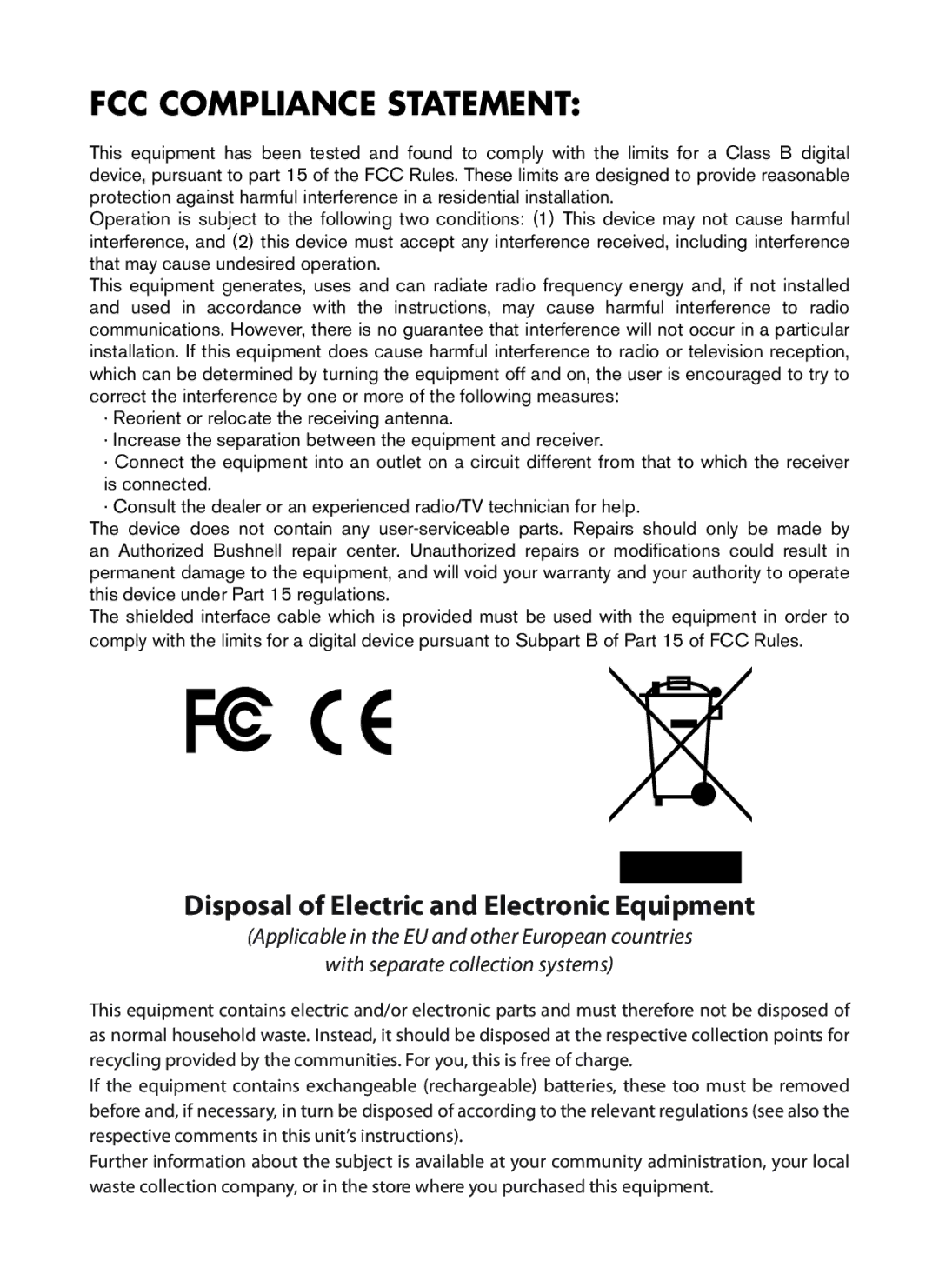 Bushnell 119438 instruction manual FCC Compliance Statement, Disposal of Electric and Electronic Equipment 