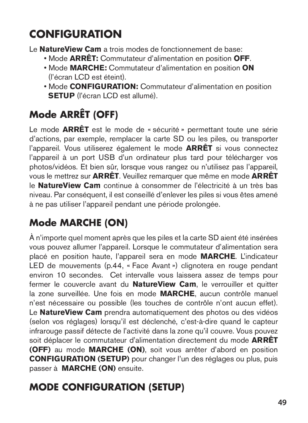 Bushnell 119438 instruction manual Configuration, Mode Arrêt OFF, Mode Marche on 