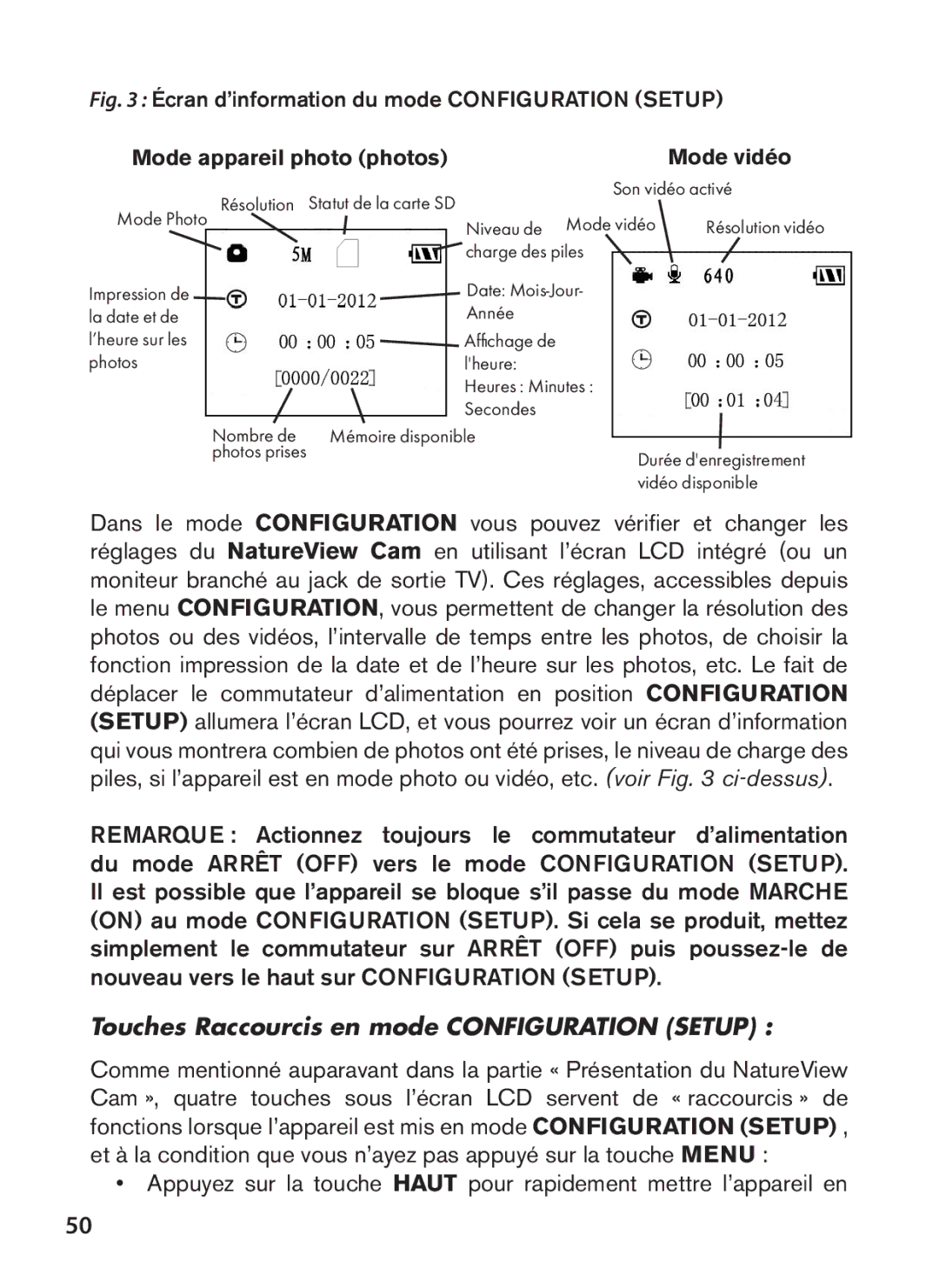 Bushnell 119438 instruction manual Touches Raccourcis en mode Configuration Setup, Mode appareil photo photos Mode vidéo 