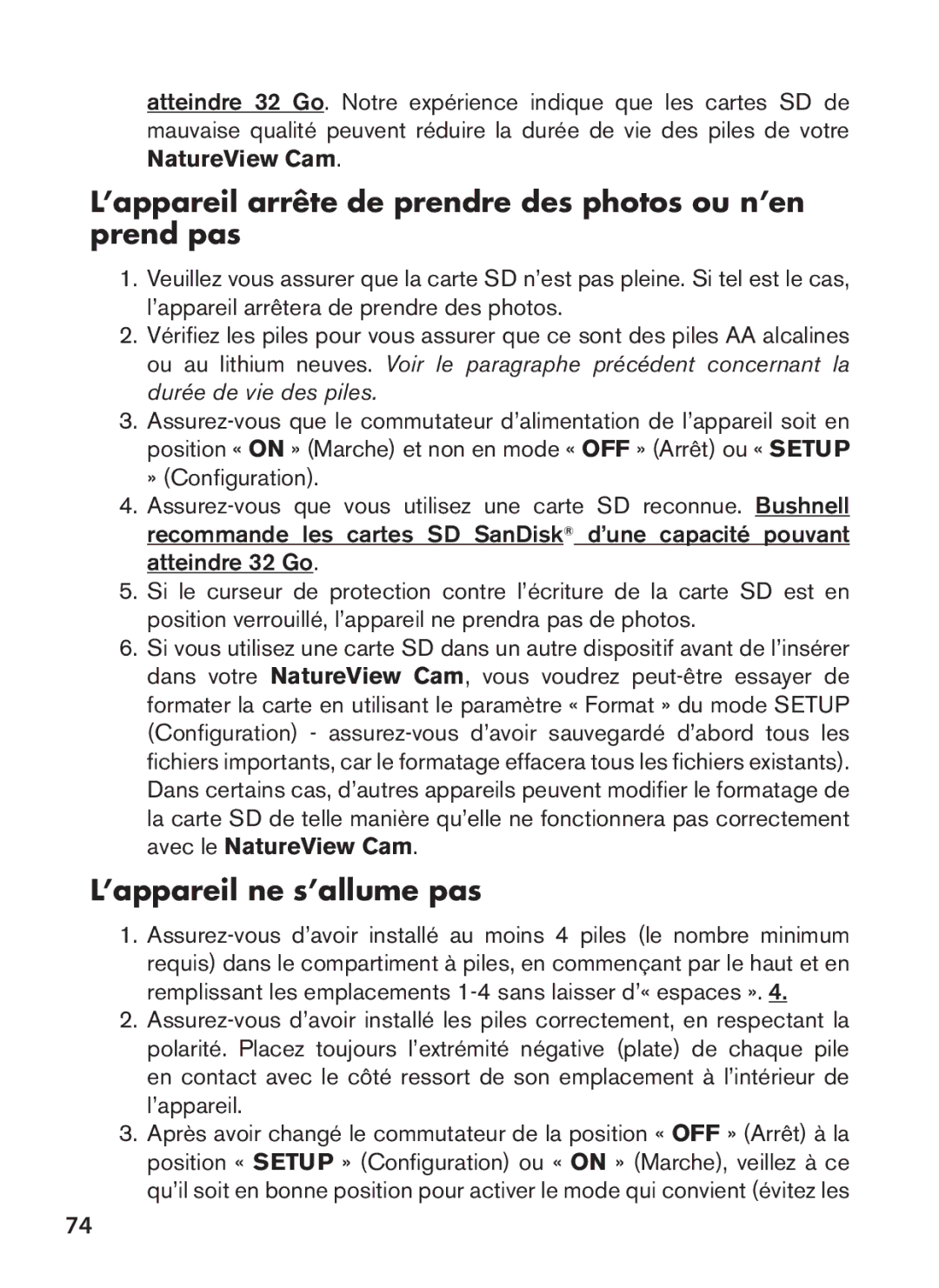 Bushnell 119438 instruction manual ’appareil arrête de prendre des photos ou n’en prend pas, ’appareil ne s’allume pas 