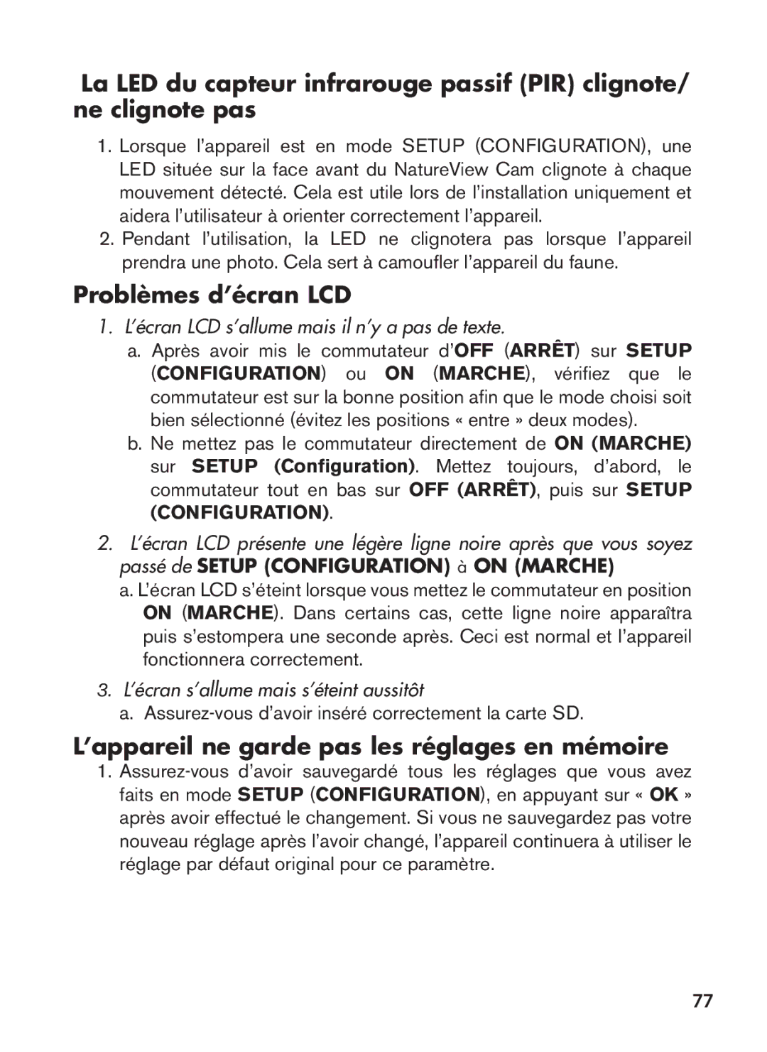 Bushnell 119438 instruction manual Problèmes d’écran LCD, ’appareil ne garde pas les réglages en mémoire 