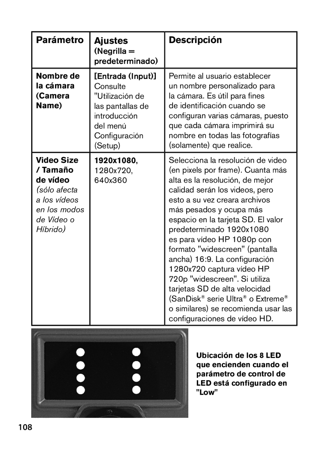 Bushnell 119440, 119439 instruction manual 108, La cámara, Name, Tamaño, De vídeo 