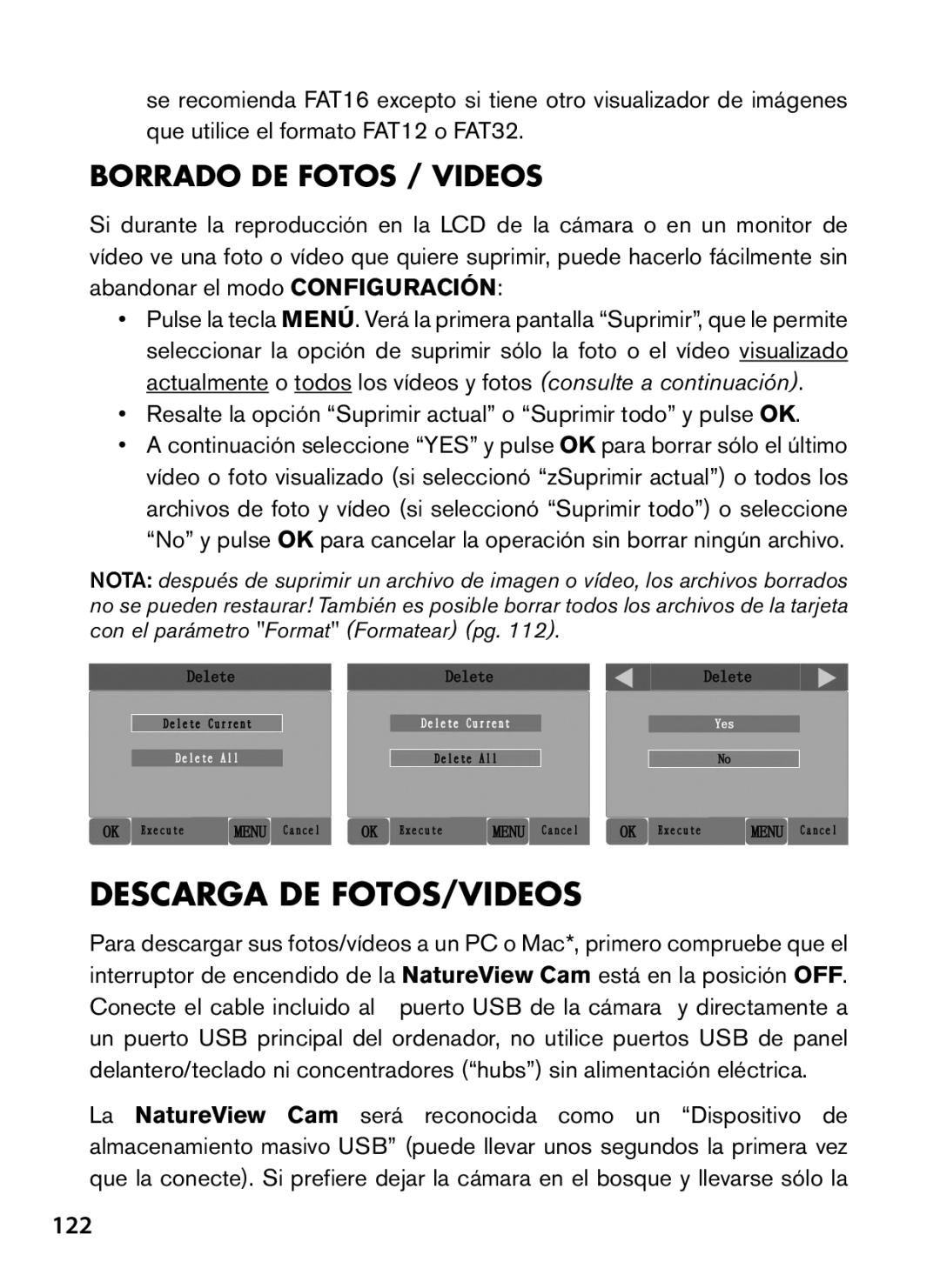 Bushnell 119440, 119439 instruction manual Descarga DE FOTOS/VIDEOS, Borrado de Fotos / Videos, 122 