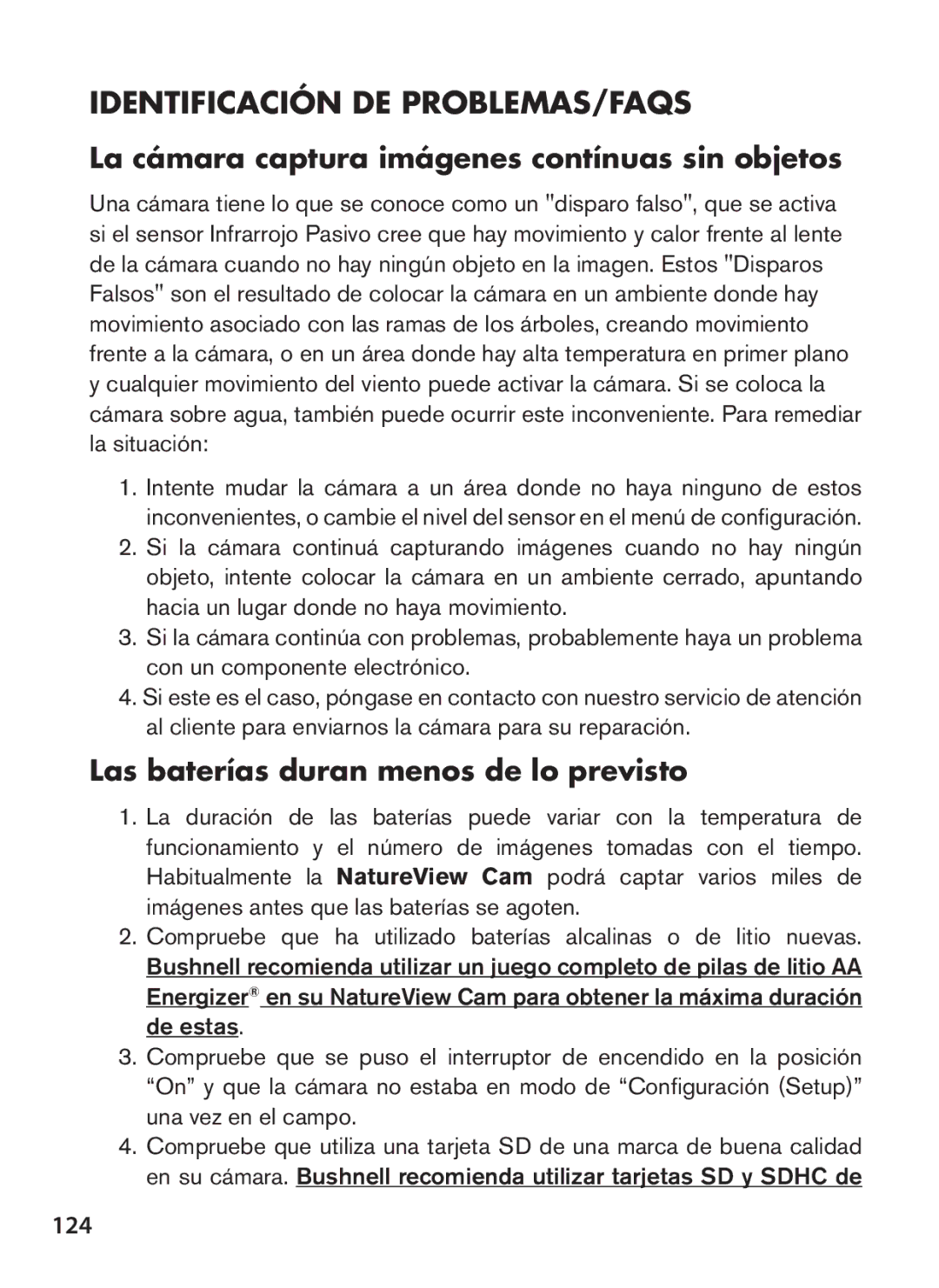 Bushnell 119440, 119439 Identificación de Problemas/FAQS, La cámara captura imágenes contínuas sin objetos, 124 