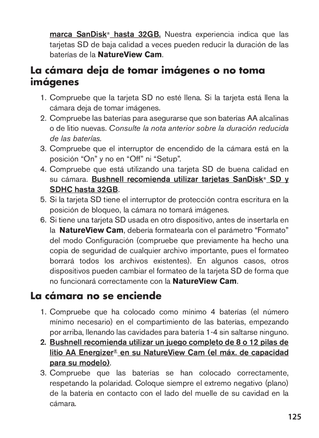 Bushnell 119439, 119440 La cámara deja de tomar imágenes o no toma imágenes, La cámara no se enciende, 125 