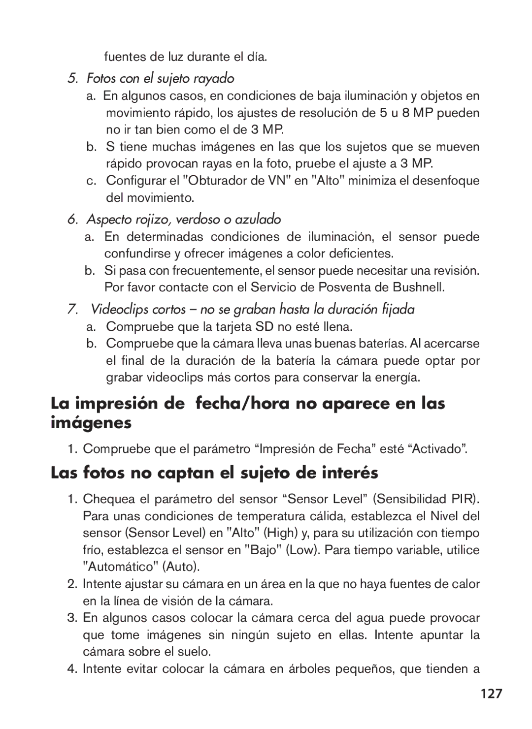 Bushnell 119439 La impresión de fecha/hora no aparece en las imágenes, Las fotos no captan el sujeto de interés, 127 
