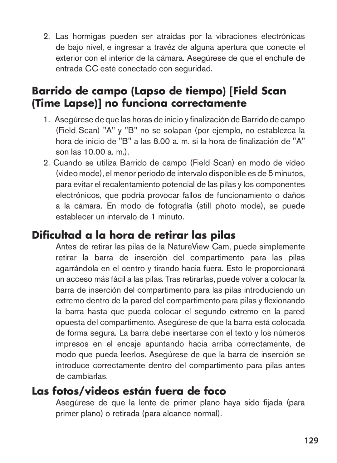 Bushnell 119439, 119440 Dificultad a la hora de retirar las pilas, Las fotos/videos están fuera de foco, 129 