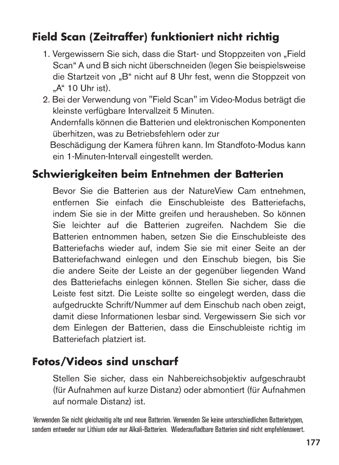 Bushnell 119439 Field Scan Zeitraffer funktioniert nicht richtig, Schwierigkeiten beim Entnehmen der Batterien, 177 