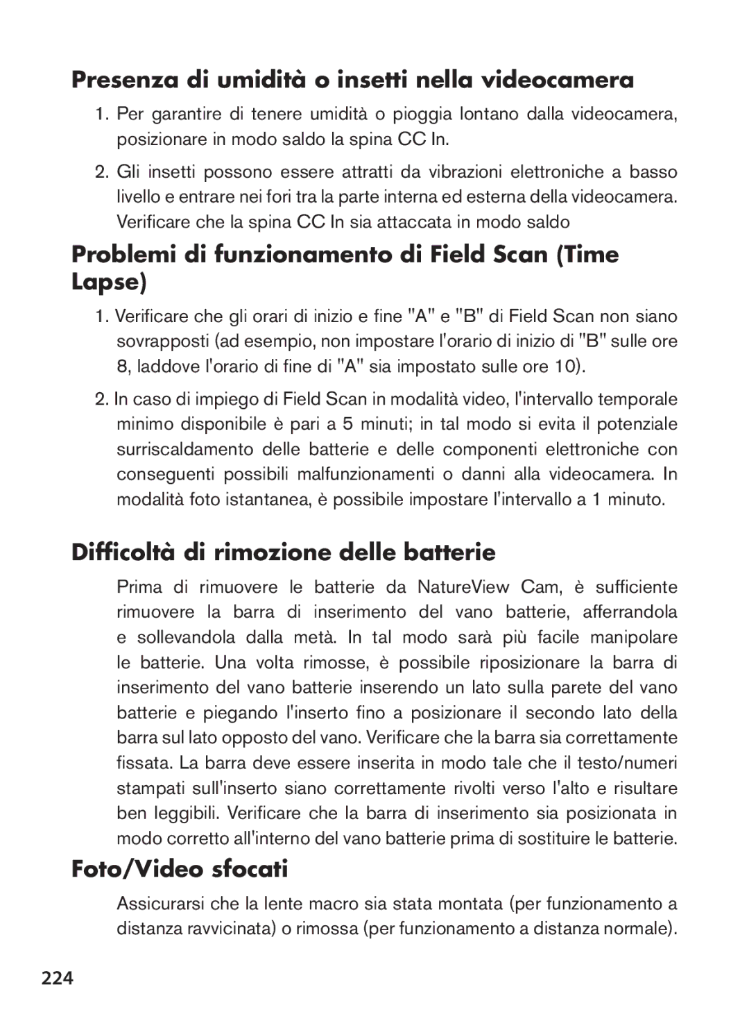 Bushnell 119440 Presenza di umidità o insetti nella videocamera, Problemi di funzionamento di Field Scan Time Lapse, 224 