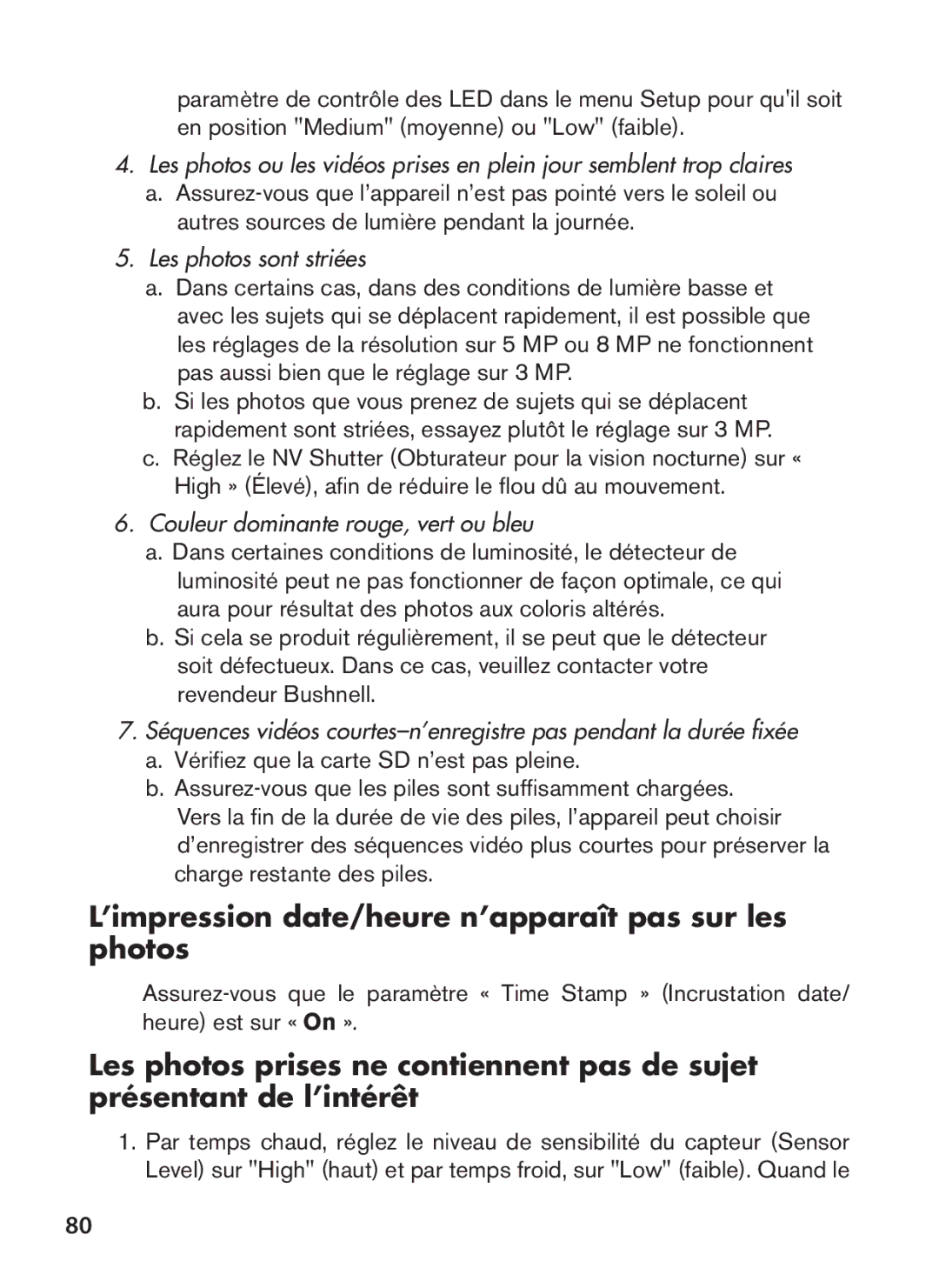 Bushnell 119440, 119439 instruction manual ’impression date/heure n’apparaît pas sur les photos, Les photos sont striées 