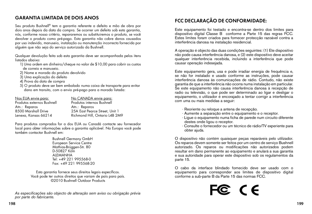 Bushnell 119445, 119455, 119435 instruction manual Garantia Limitada DE Dois Anos, FCC Declaração de conformidade, 199 