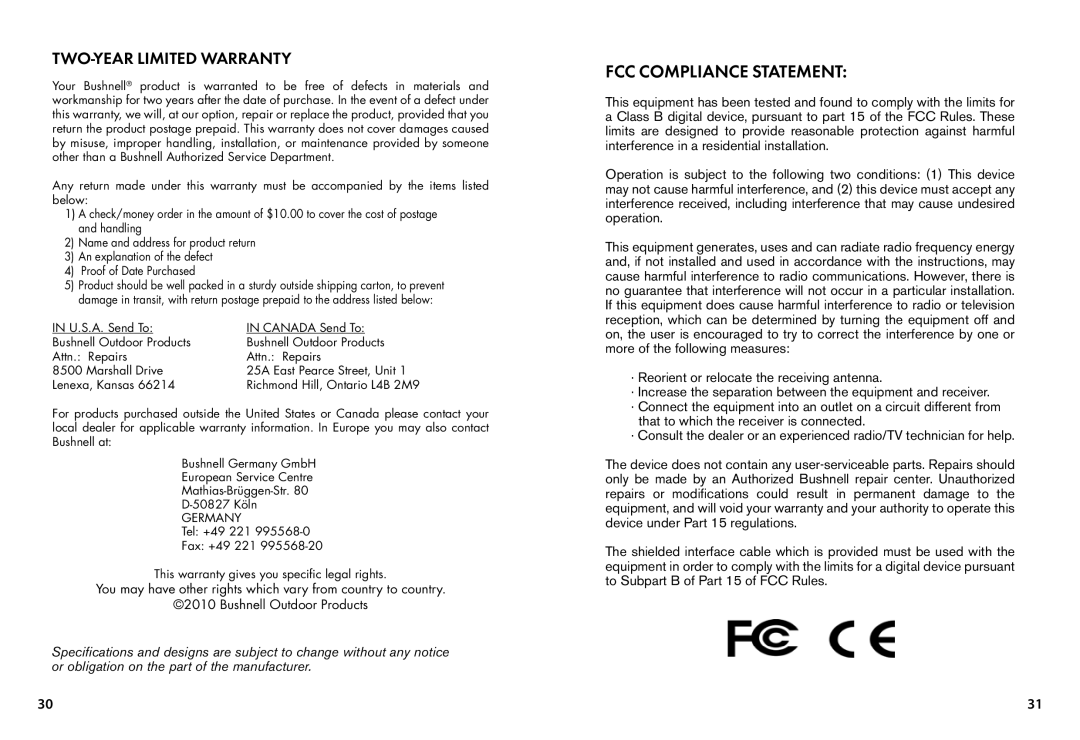 Bushnell 119445, 119455, 119435 instruction manual FCC Compliance Statement, TWO-YEAR Limited Warranty 