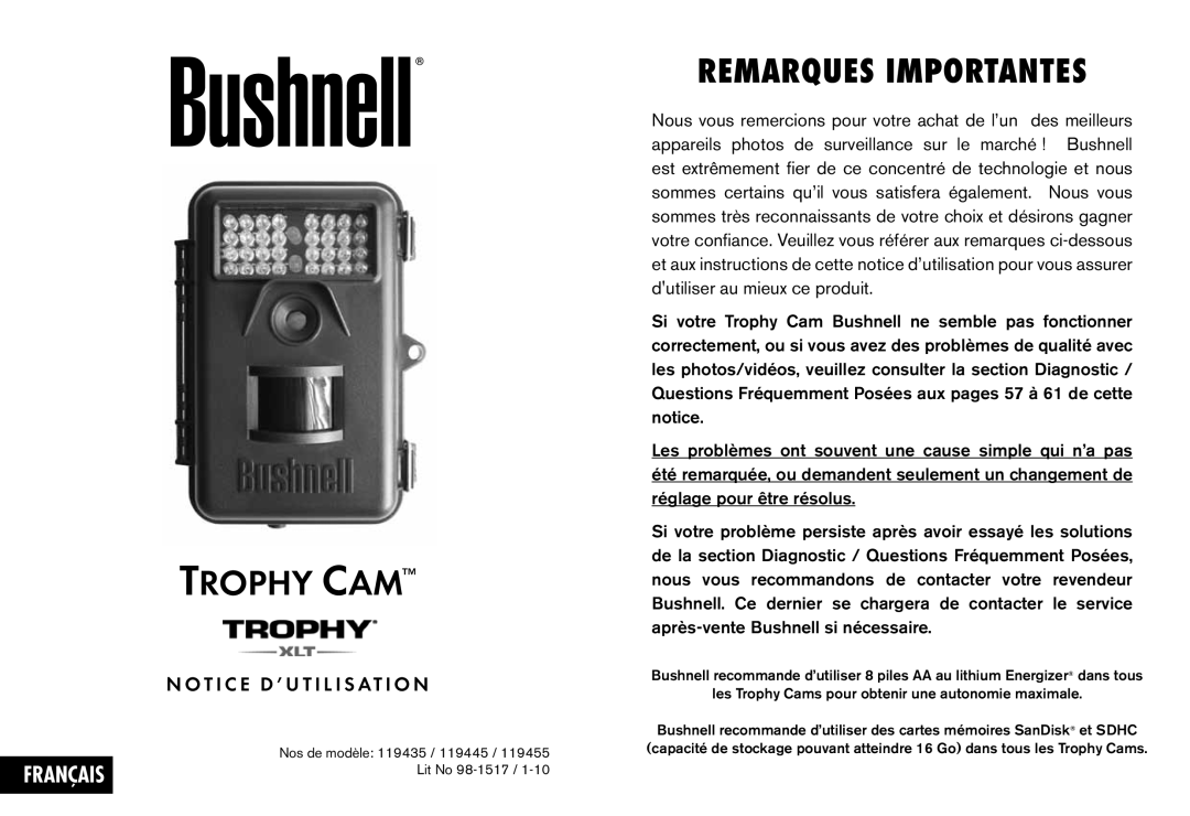 Bushnell 119435, 119455, 119445 instruction manual Remarques Importantes, T I C E D ’ U T I L I S At I O N 