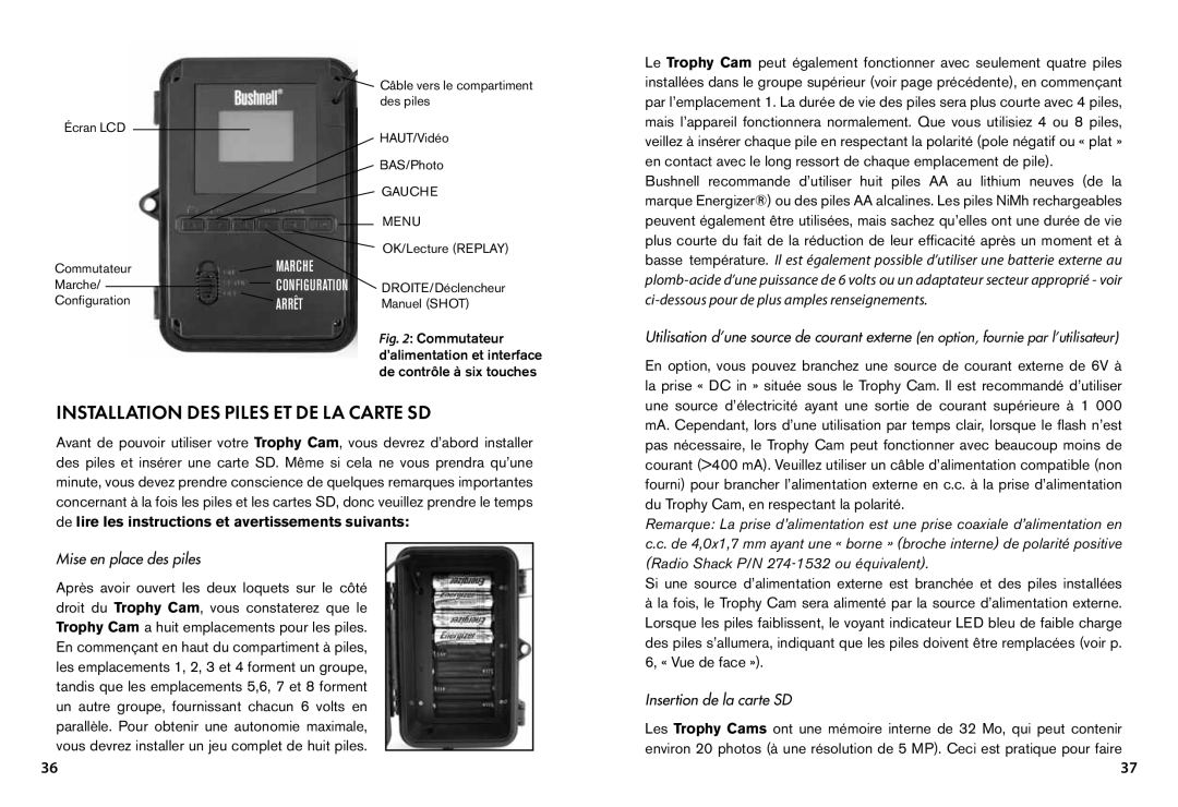 Bushnell 119445, 119455, 119435 Installation DES Piles ET DE LA Carte SD, Mise en place des piles, Insertion de la carte SD 