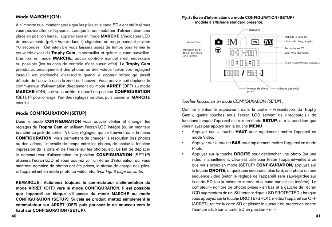 Bushnell 119455, 119445 Mode Marche on, Mode Configuration Setup, Ensuite, Touches Raccourcis en mode Configuration Setup 