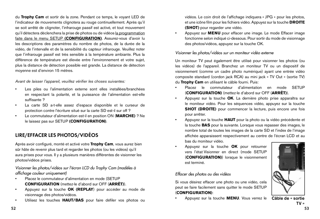 Bushnell 119455, 119445, 119435 Lire/Effacer Les Photos/Vidéos, Visionner les photos/vidéos sur un moniteur vidéo externe 