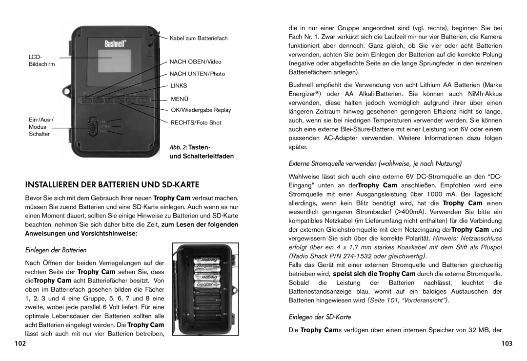 Bushnell 119445, 119455, 119435 Installieren DER Batterien UND SD-KARTE, 103, Einlegen der Batterien, Einlegen der SD-Karte 