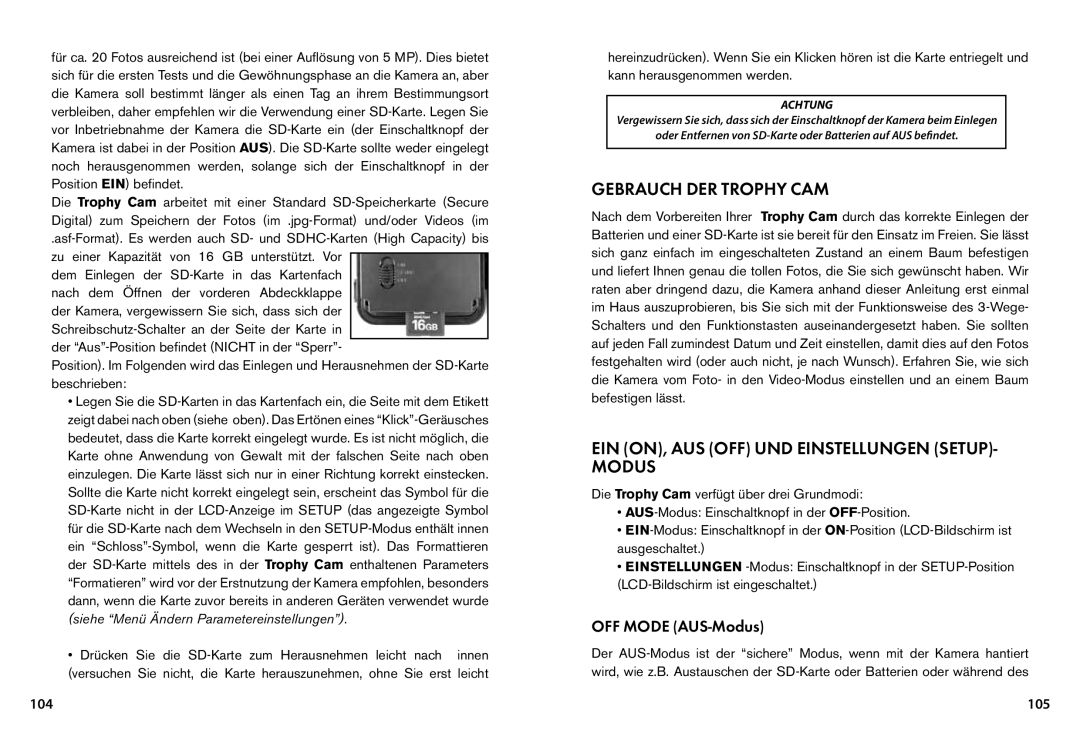 Bushnell 119435, 119455 Gebrauch DER Trophy CAM, EIN ON, AUS OFF UND Einstellungen Setup Modus, OFF Mode AUS-Modus, 105 