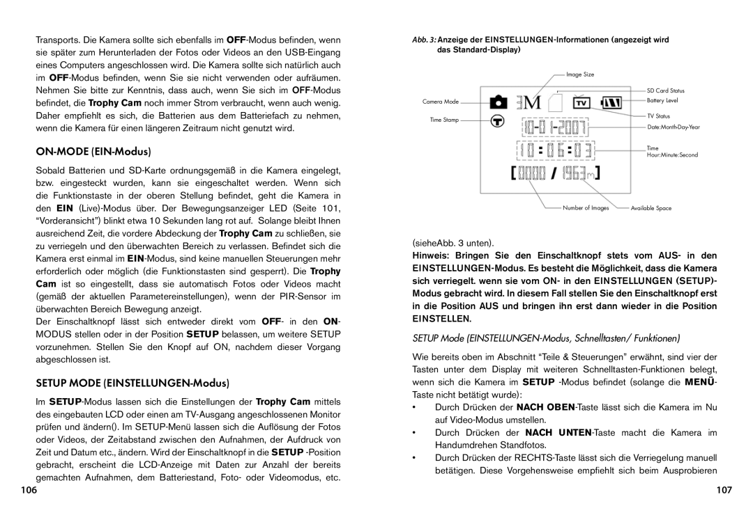 Bushnell 119455, 119445, 119435 instruction manual ON-MODE EIN-Modus, Setup Mode EINSTELLUNGEN-Modus, 107, SieheAbb unten 