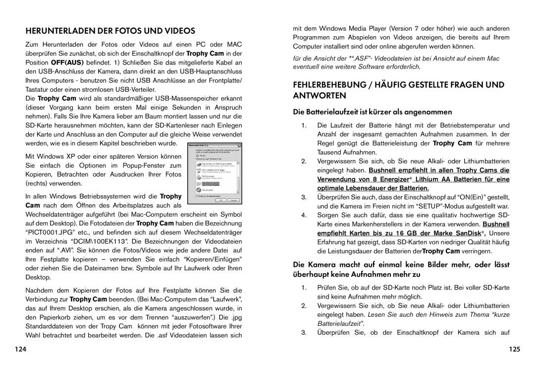 Bushnell 119455, 119445 Herunterladen der Fotos und Videos, Fehlerbehebung / häufig gestellte Fragen und Antworten, 125 