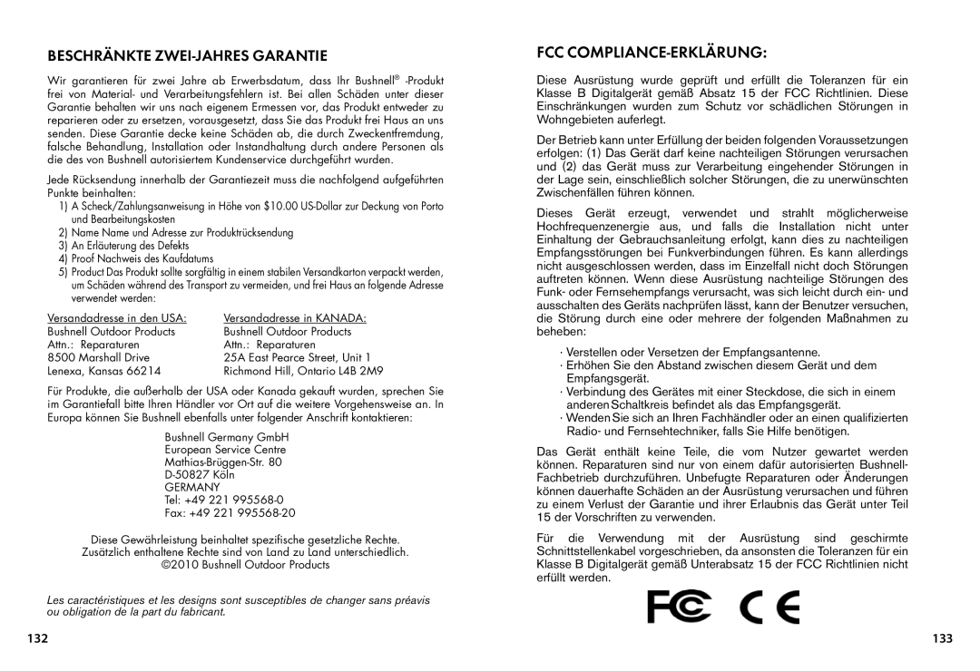 Bushnell 119445, 119455, 119435 instruction manual Beschränkte ZWEI-JAHRES Garantie, FCC Compliance-Erklärung, 133 