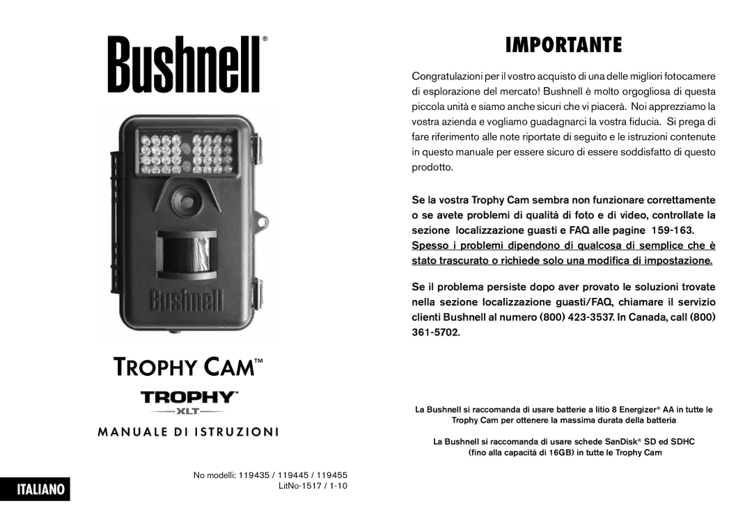 Bushnell 119435, 119455, 119445 instruction manual Importante, N U a L E D I I S T R U Z I O N 