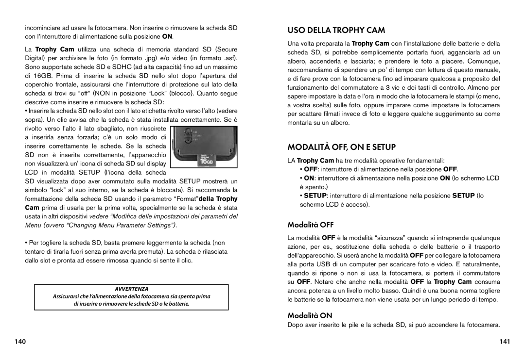 Bushnell 119435, 119455, 119445 instruction manual USO Della Trophy CAM, Modalità OFF, on E Setup, Modalità on, 141 