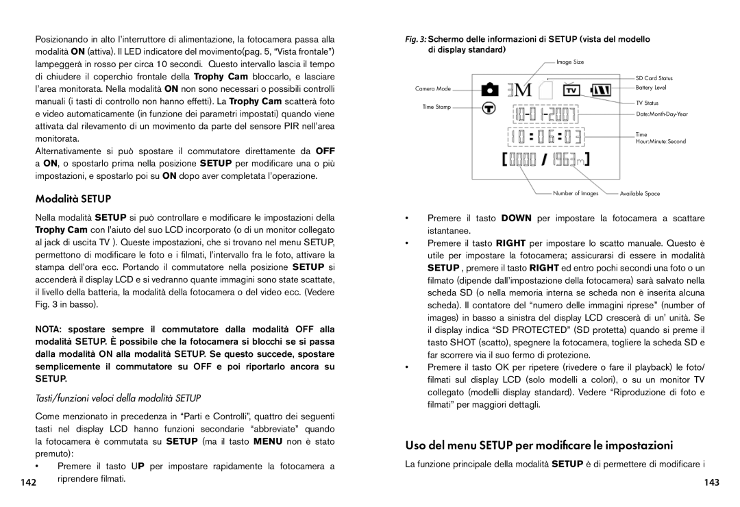 Bushnell 119455, 119445, 119435 instruction manual Uso del menu Setup per modificare le impostazioni, Modalità Setup, 143 