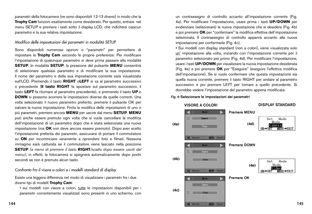 Bushnell 119445 144, 145, Modifica delle impostazioni dei parametri in modalità Setup, Visore a colori Display standard 